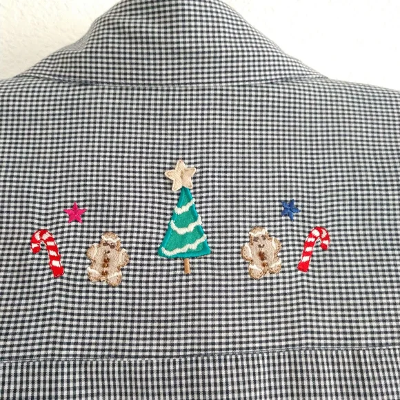 Karen Scott Embroidered Christmas Shirt Black White Gingham Check Snowman Large - Picture 7 of 8